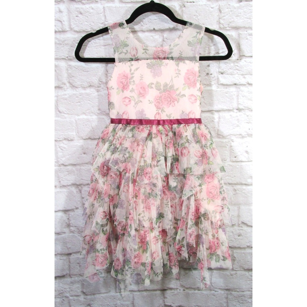 Kensie Girl Pink Floral Tulle Party Dress 8 Tiered Ruffle Princess Cottagecore